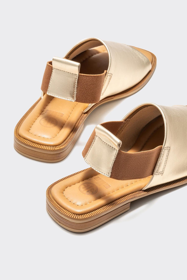Gold deri düz kadın sandalet, klasik stil için - Elle Shoes