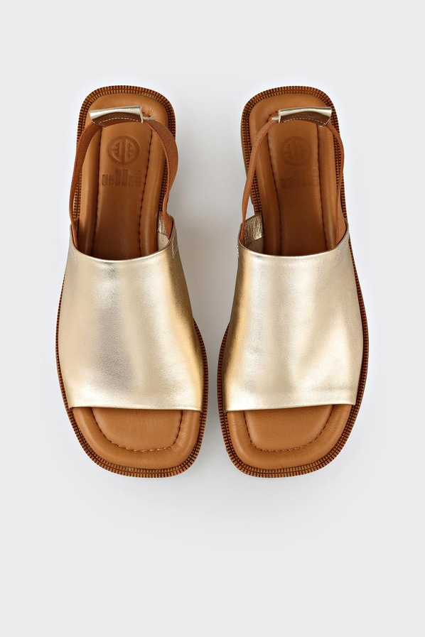Gold deri düz kadın sandalet, klasik stil için - Elle Shoes