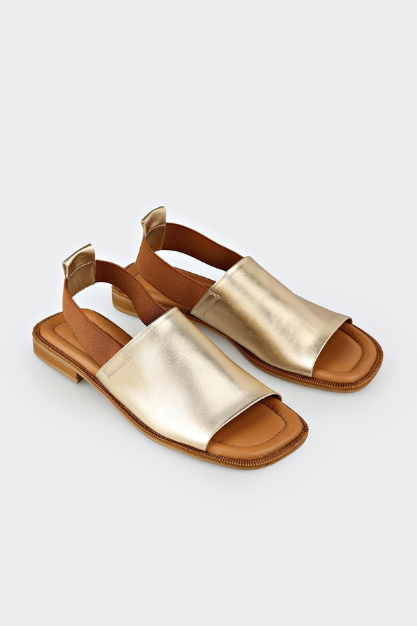 Gold deri düz kadın sandalet, klasik stil için - Elle Shoes
