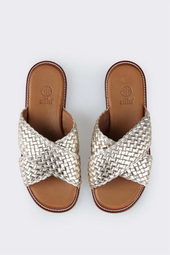 Gold deri düz kadın terlik - Elle Shoes
