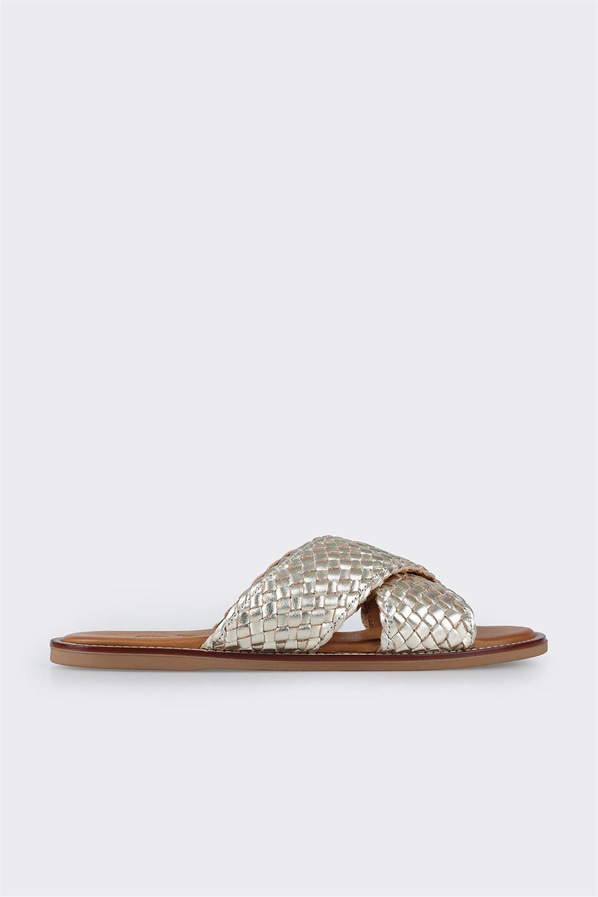 Gold deri düz kadın terlik - Elle Shoes