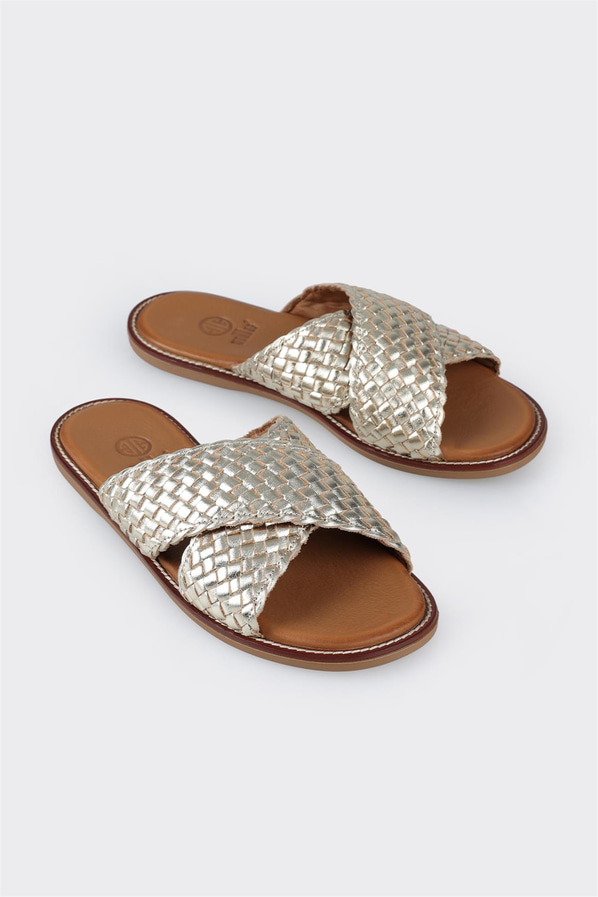 Gold deri düz kadın terlik - Elle Shoes