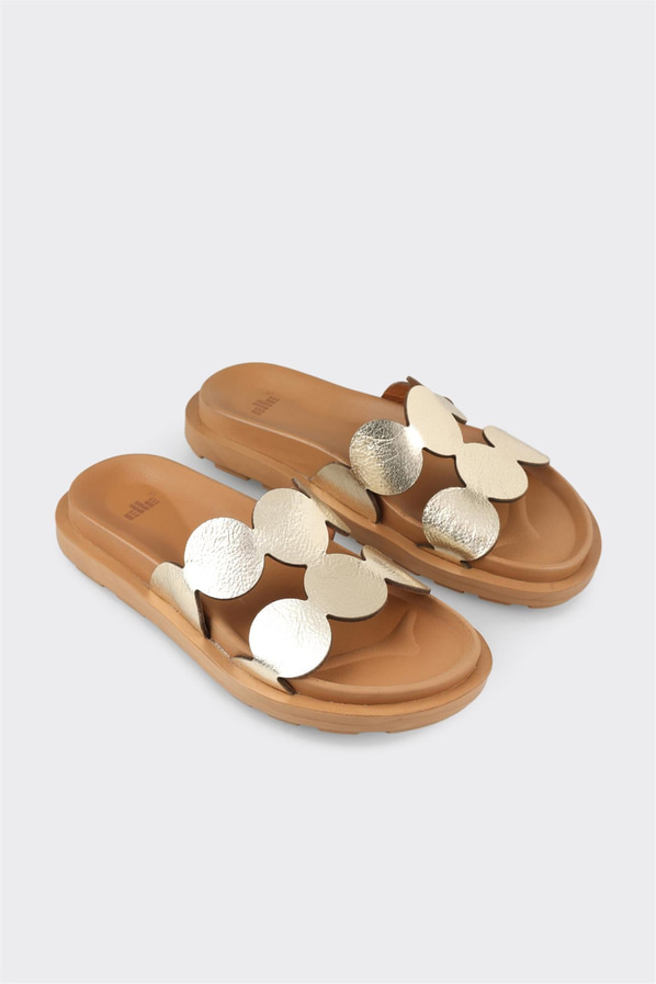 Gold altın deri düz kadın terlik, rahat kullanım için - Elle Shoes