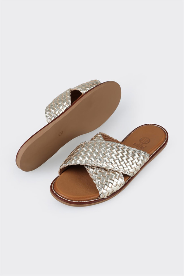 Gold deri düz kadın terlik - Elle Shoes
