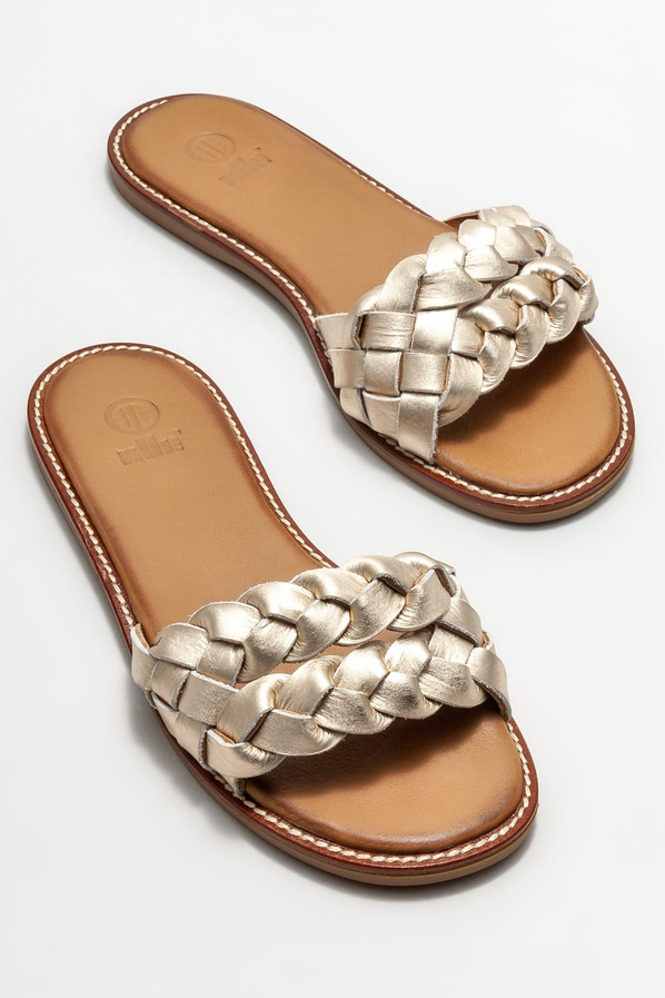 Gold deri düz kadın terlik - Elle Shoes