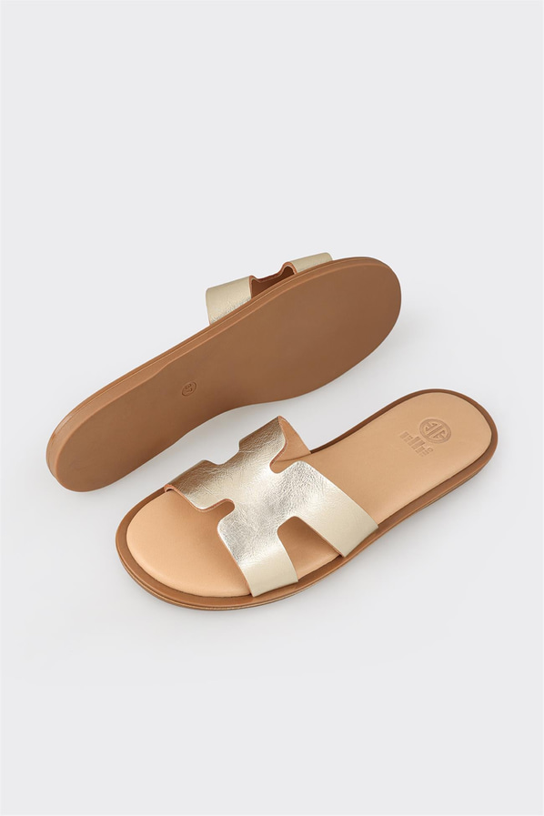 Gold altın deri düz yumuşak dokulu kadın terlik, ofis stili için - Elle Shoes