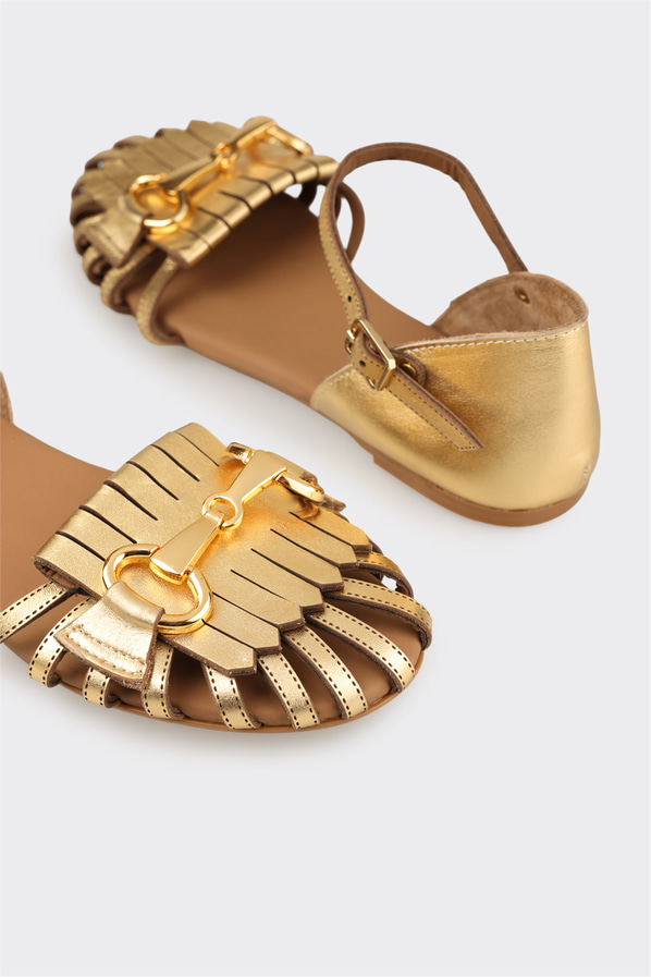 Gold deri kadın düz sandalet, günlük kullanım için - Elle Shoes