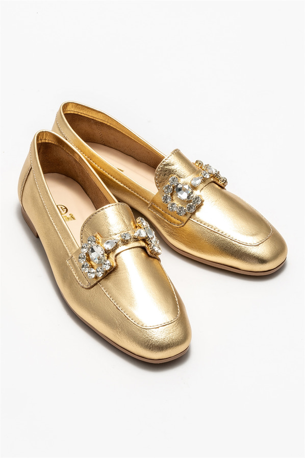Gold deri kadın loafer - Elle Shoes