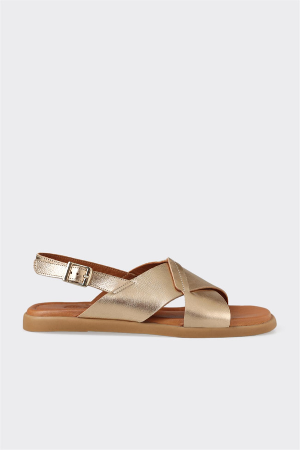Gold deri düz kadın sandalet, rahat kullanım için - Elle Shoes