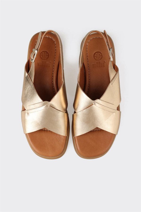 Gold deri düz kadın sandalet, rahat kullanım için - Elle Shoes