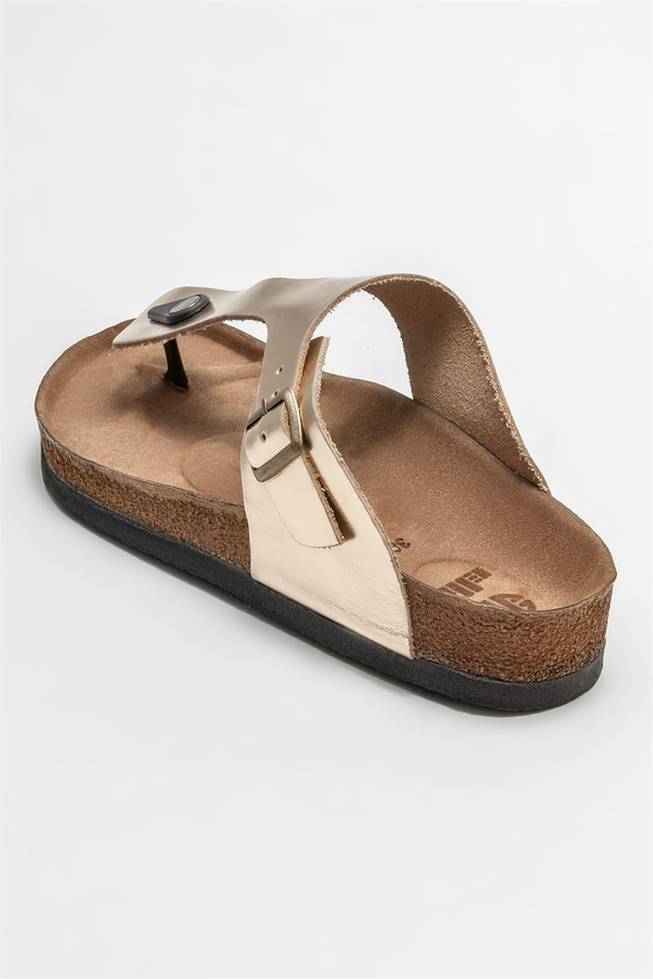 Gold deri kadın düz terlik - Elle Shoes