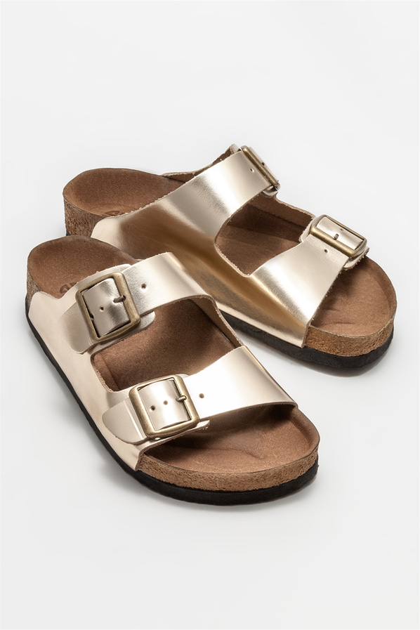 Gold deri kadın düz terlik - Elle Shoes