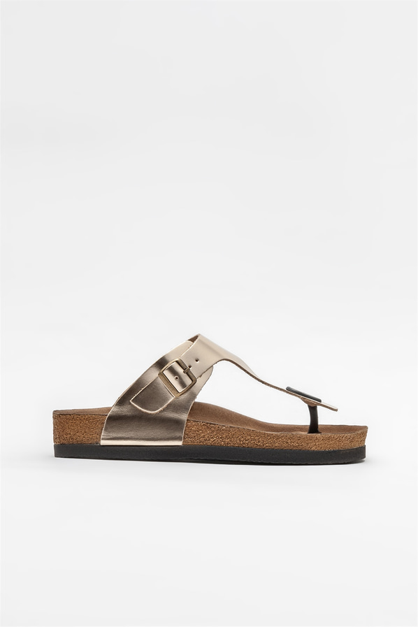 Gold deri kadın düz terlik - Elle Shoes