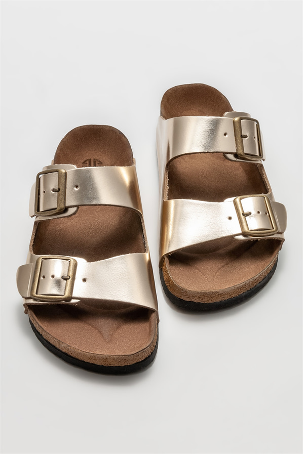 Gold deri kadın düz terlik - Elle Shoes