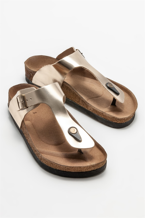 Gold deri kadın düz terlik - Elle Shoes