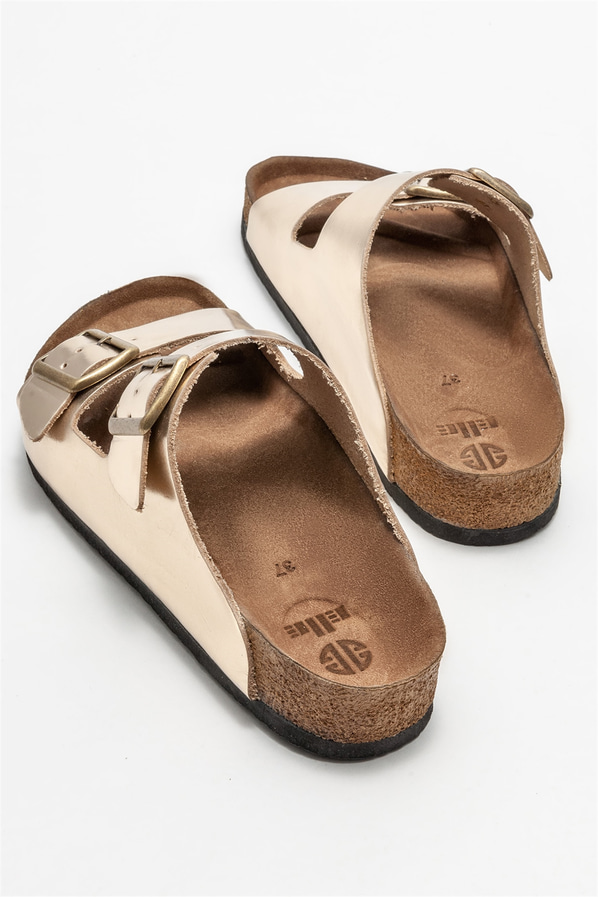 Gold deri kadın düz terlik - Elle Shoes