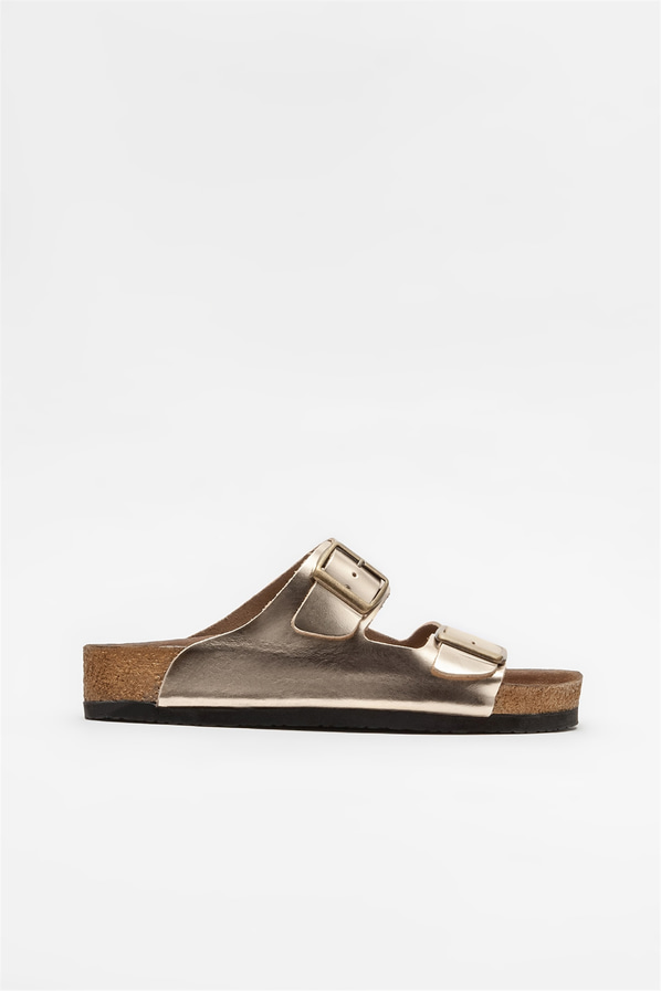 Gold deri kadın düz terlik - Elle Shoes
