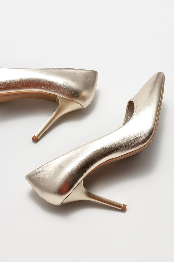 Gold deri kadın stiletto - Elle Shoes