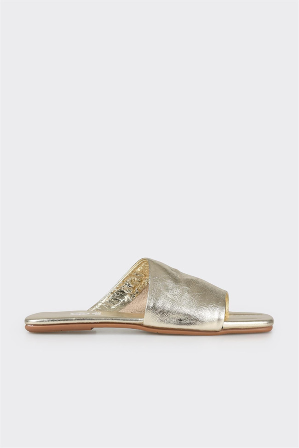 Gold deri kadın düz terlik - Elle Shoes