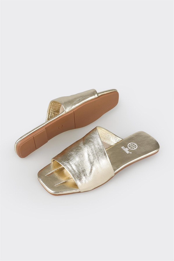 Gold deri kadın düz terlik - Elle Shoes