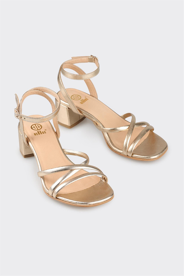 Gold deri topuklu kadın sandalet - Elle Shoes