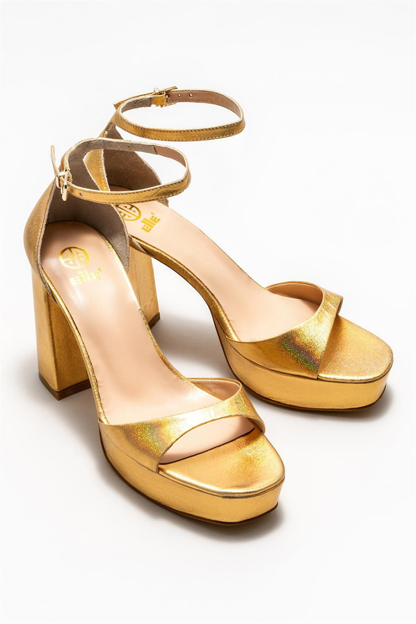 Gold deri topuklu kadın sandalet - Elle Shoes