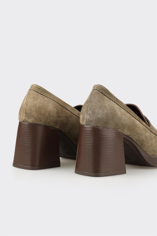 Haki deri kalın topuklu kadın ayakkabı, rahat kullanım için - Elle Shoes