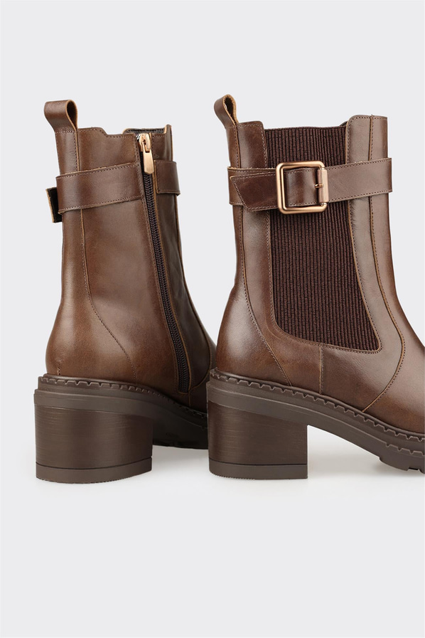 Haki deri yumuşak dokulu topuklu kadın bot, ofis stili için - Elle Shoes