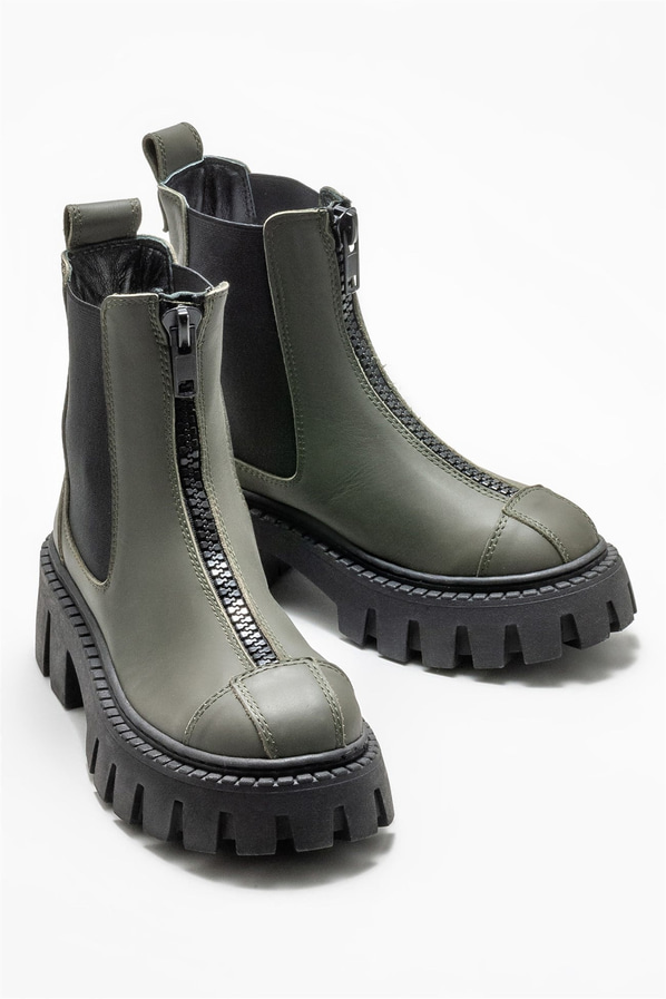 Haki deri düz kadın bot, günlük kullanım için - Elle Shoes