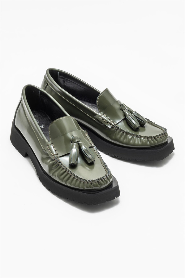 Haki deri kadın loafer - Elle Shoes