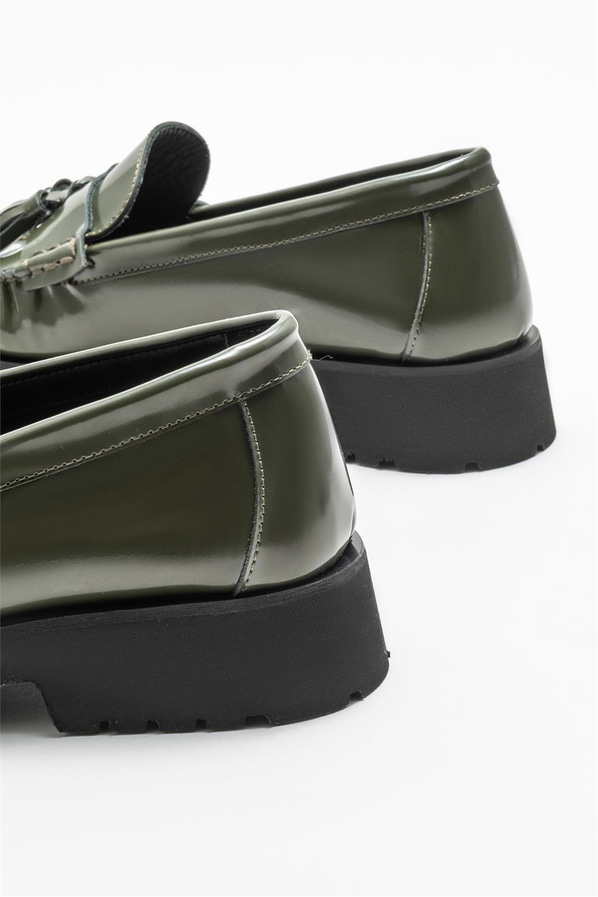 Haki deri kadın loafer - Elle Shoes