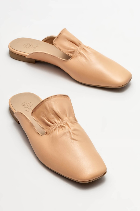 Hardal deri düz kadın terlik - Elle Shoes