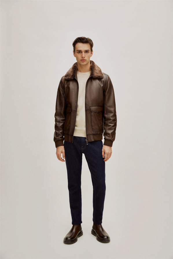 Kahve deri erkek bomber ceket - Elle Shoes