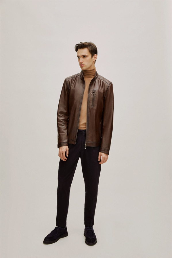 Kahve deri erkek bomber ceket - Elle Shoes