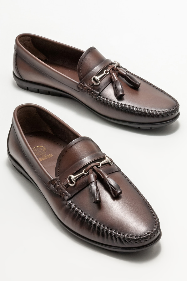 Kahve deri erkek loafer, günlük kullanım için - Elle Shoes