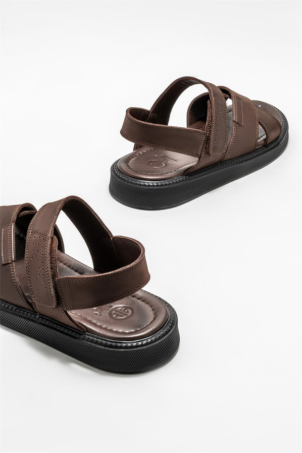Kahve deri erkek sandalet - Elle Shoes