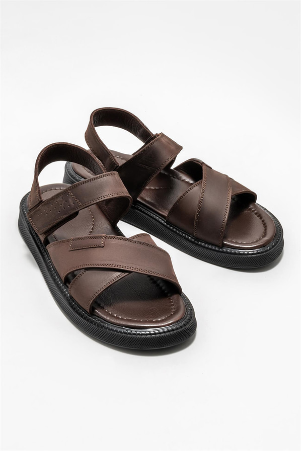 Kahve deri erkek sandalet - Elle Shoes
