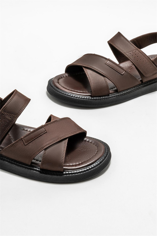 Kahve deri erkek sandalet - Elle Shoes