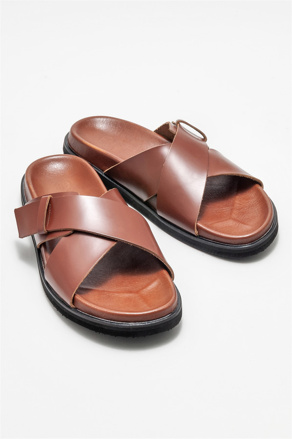 Kahve deri erkek terlik - Elle Shoes