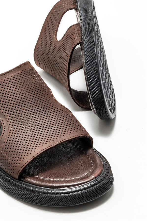 Kahve deri erkek terlik - Elle Shoes