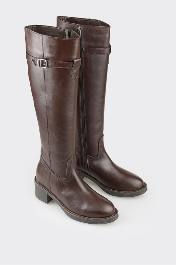 Kahve deri kadın çizme, klasik stil için - Elle Shoes