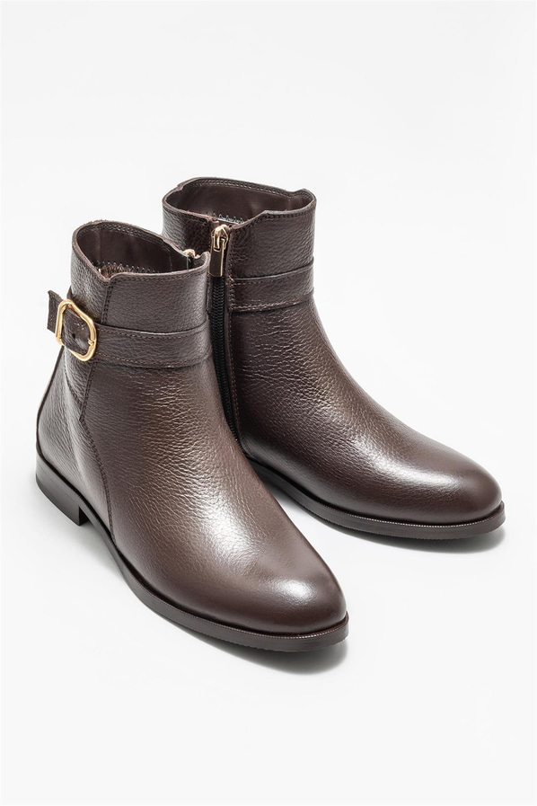 Kahve deri düz kadın bot - Elle Shoes