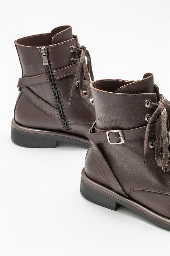 Kahve deri düz kadın bot - Elle Shoes