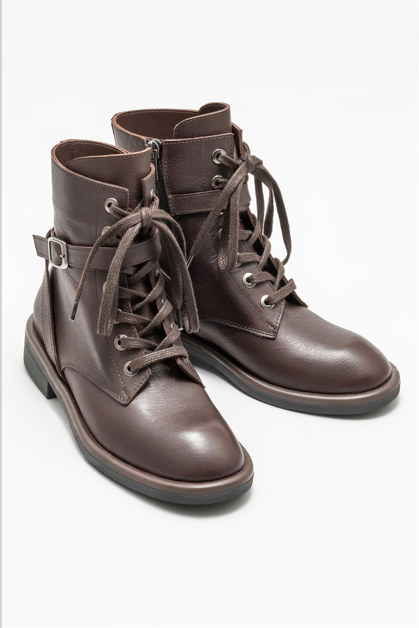 Kahve deri düz kadın bot - Elle Shoes