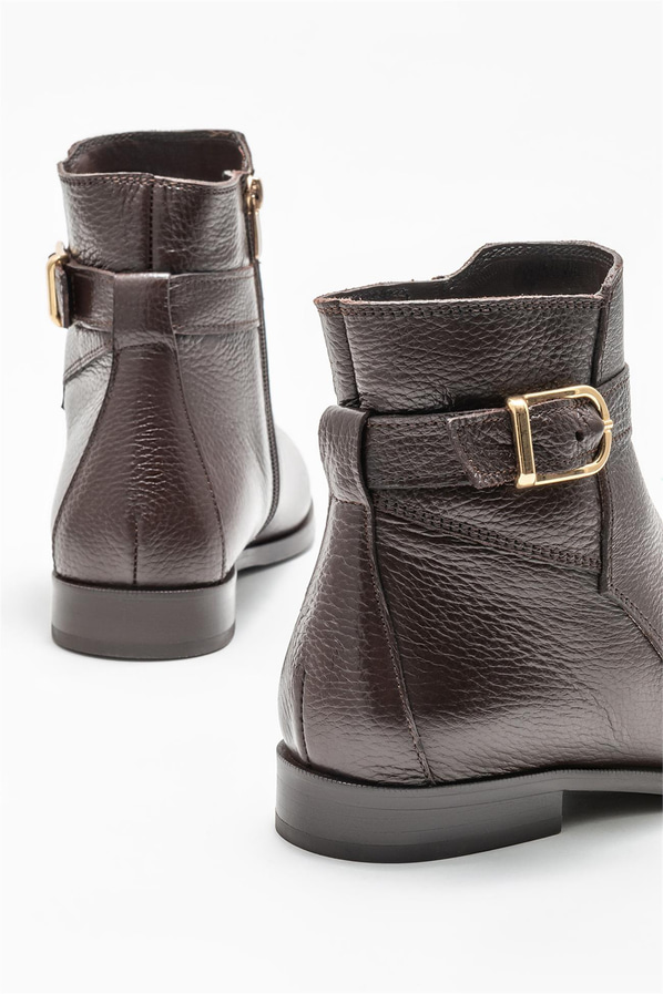 Kahve deri düz kadın bot - Elle Shoes