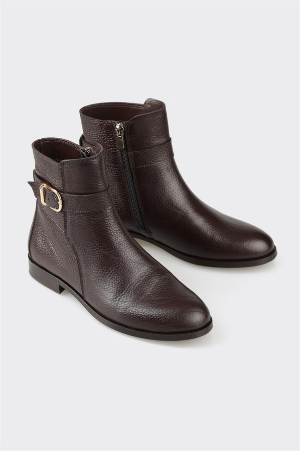 Kahve deri düz kadın bot - Elle Shoes