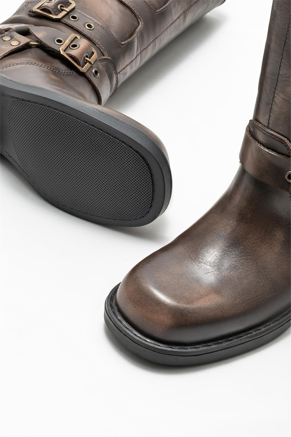 Kahve deri düz kadın çizme - Elle Shoes