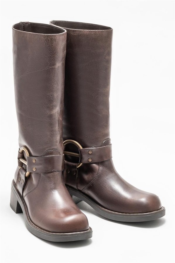 Kahve deri düz kadın çizme - Elle Shoes