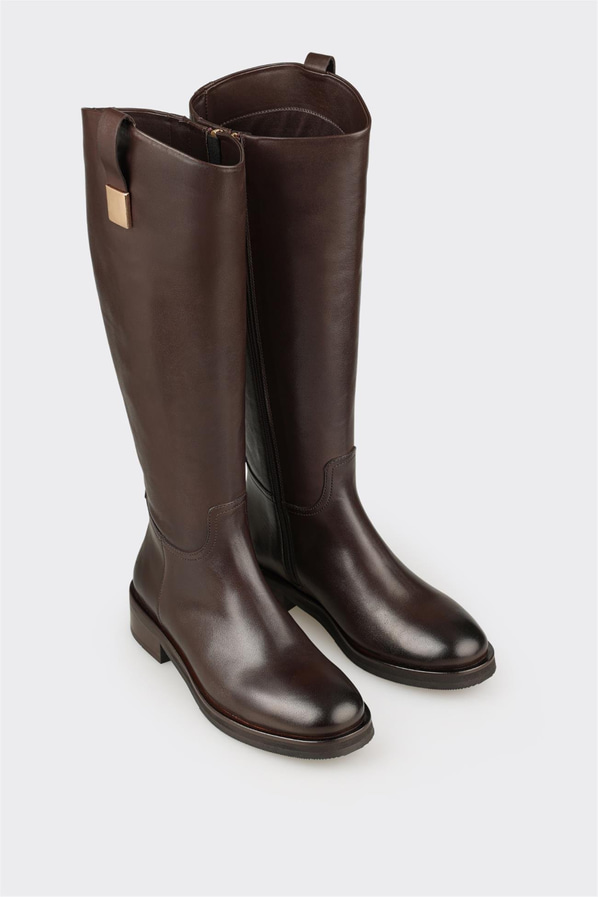 Kahve Deri Kadın Düz Çizme