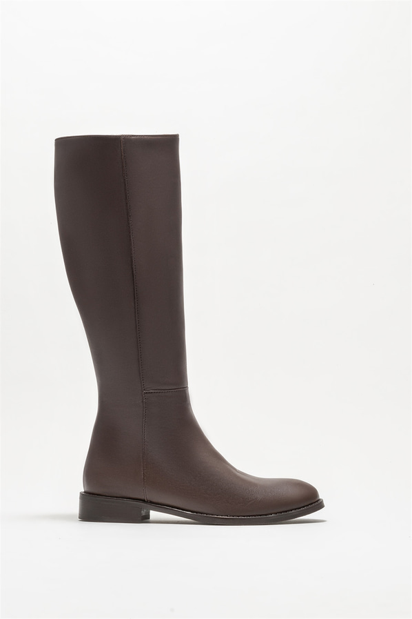 Kahve deri düz kadın çizme - Elle Shoes